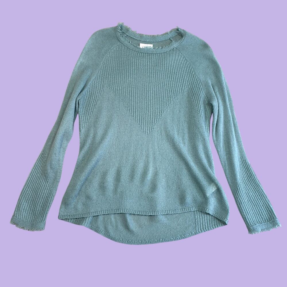 Lucky Brand wool blend lightweight blue green fringe sweater medium - Picture 2 of 12